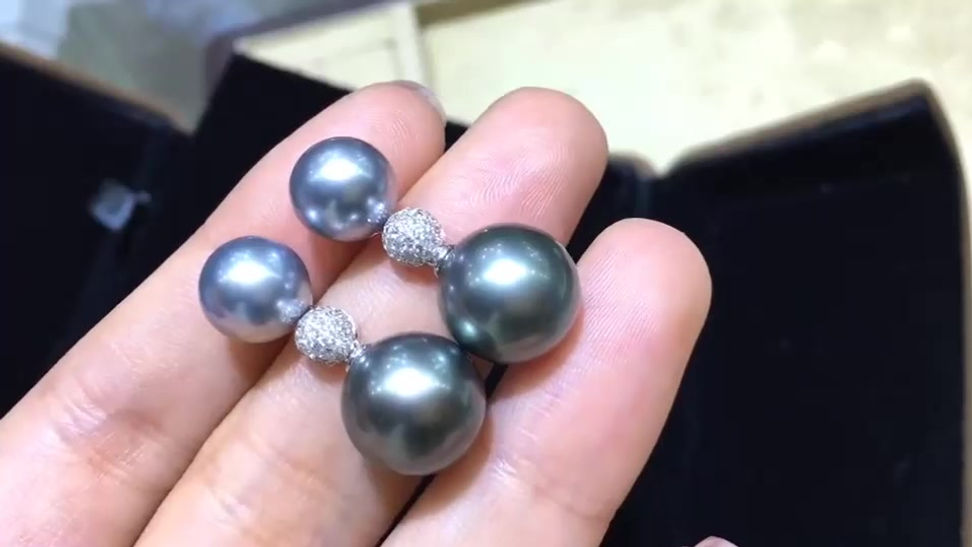 9-10mm & 11-12mm Tahitian Pearl Earrings, 18k White Gold w/ Diamond - AAAA